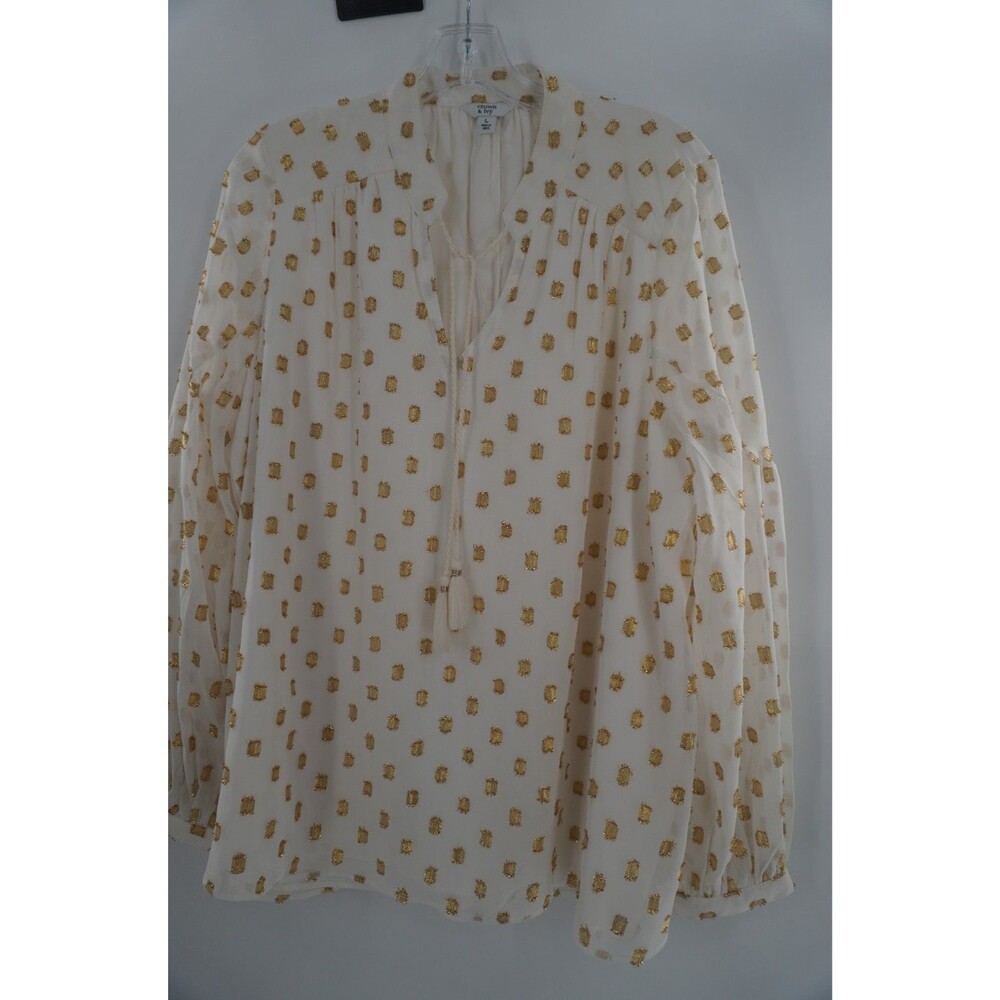 Crown Ivy White/Gold Sheer Peasant Blouse Metallic Polka Dot Tie Neck Top Size L